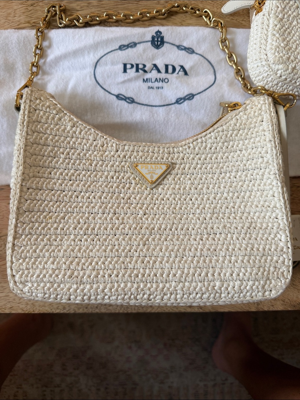 Prada Cream Woven Shoulder Bag with Gold Chain and Logo - Picture 3 of 4